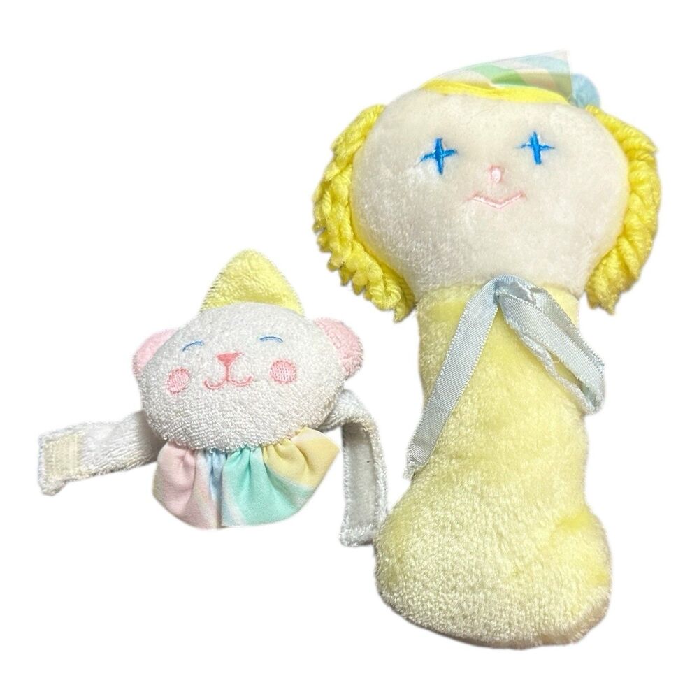 2 VINTAGE EDEN -  Clown Baby  Rattle - White Terry / PASTEL